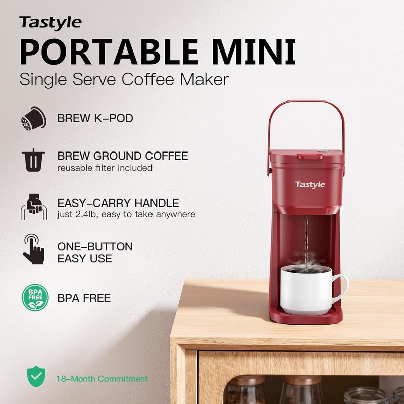 Tastyle Single Serve One Cup Coffee Maker, for K Cups and Grounds, Mini Coffee Maker with Portable Handle, 6 to 12 Oz Brew Size, for Travel, Camping, Office, RV and Dorm, 120V, Vintage Red - Image 2